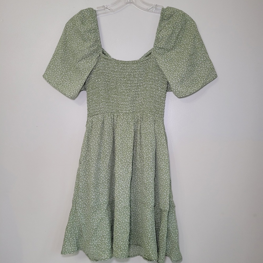 Abercrombie & Fitch Green Floral‎ Smocked Puff Sleeve Mini Dress XS Pockets